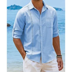 Men's Shirt Guayabera Shirt Linen Shirt Button Up Shirt Summer Shirt Beach Shirt Black White Navy Blue Long Sleeve Plain Turndown Spring & Summer Casual Daily Clothing Apparel Patchwork