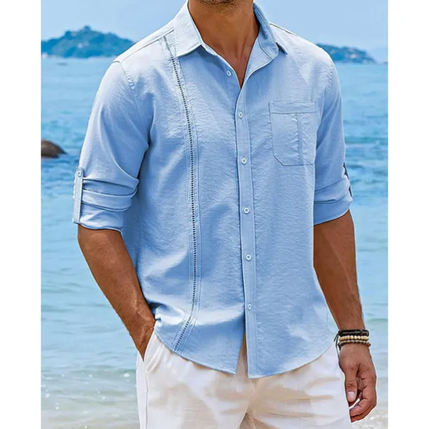 Men's Shirt Guayabera Shirt Linen Shirt Button Up Shirt Summer Shirt Beach Shirt Black White Navy Blue Long Sleeve Plain Turndown Spring & Summer Casual Daily Clothing Apparel Patchwork