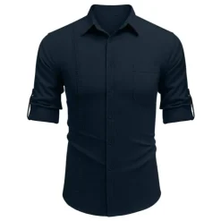 Men's Shirt Guayabera Shirt Linen Shirt Button Up Shirt Summer Shirt Beach Shirt Black White Navy Blue Long Sleeve Plain Turndown Spring & Summer Casual Daily Clothing Apparel Patchwork