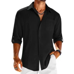 Men's Shirt Guayabera Shirt Linen Shirt Button Up Shirt Summer Shirt Beach Shirt Black White Navy Blue Long Sleeve Plain Turndown Spring & Summer Casual Daily Clothing Apparel Patchwork