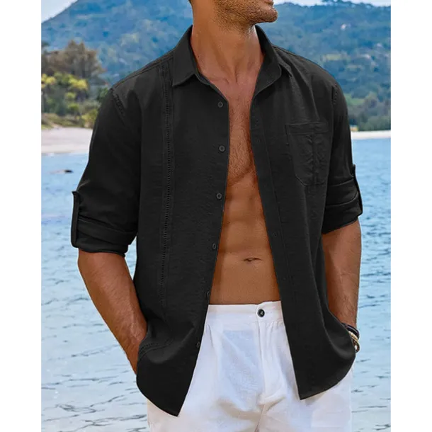 Men's Shirt Guayabera Shirt Linen Shirt Button Up Shirt Summer Shirt Beach Shirt Black White Navy Blue Long Sleeve Plain Turndown Spring & Summer Casual Daily Clothing Apparel Patchwork