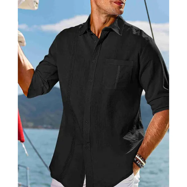 Men's Shirt Guayabera Shirt Linen Shirt Button Up Shirt Summer Shirt Beach Shirt Black White Navy Blue Long Sleeve Plain Turndown Spring & Summer Casual Daily Clothing Apparel Patchwork