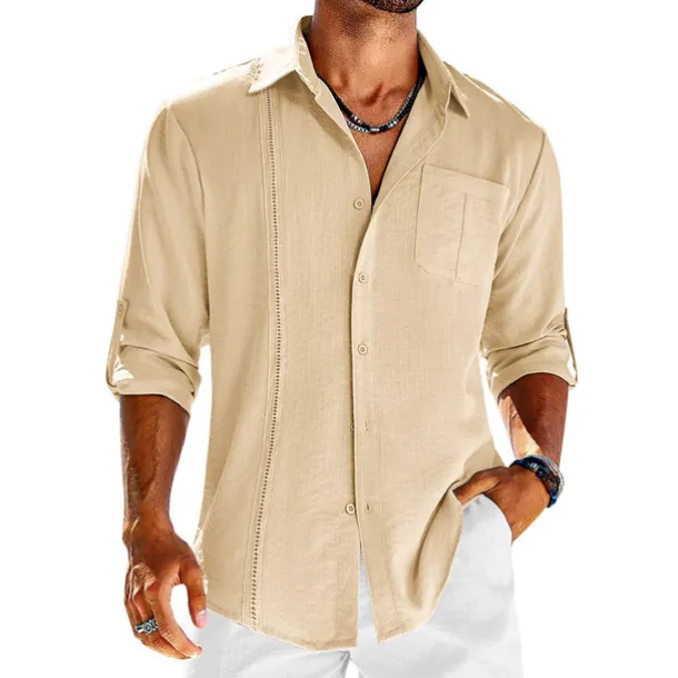 Men's Shirt Guayabera Shirt Linen Shirt Button Up Shirt Summer Shirt Beach Shirt Black White Navy Blue Long Sleeve Plain Turndown Spring & Summer Casual Daily Clothing Apparel Patchwork