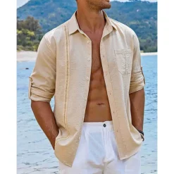 Men's Shirt Guayabera Shirt Linen Shirt Button Up Shirt Summer Shirt Beach Shirt Black White Navy Blue Long Sleeve Plain Turndown Spring & Summer Casual Daily Clothing Apparel Patchwork