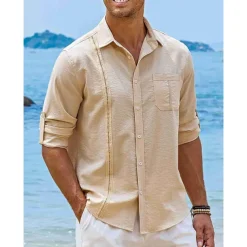 Men's Shirt Guayabera Shirt Linen Shirt Button Up Shirt Summer Shirt Beach Shirt Black White Navy Blue Long Sleeve Plain Turndown Spring & Summer Casual Daily Clothing Apparel Patchwork