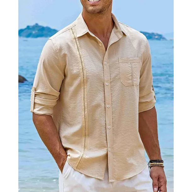 Men's Shirt Guayabera Shirt Linen Shirt Button Up Shirt Summer Shirt Beach Shirt Black White Navy Blue Long Sleeve Plain Turndown Spring & Summer Casual Daily Clothing Apparel Patchwork