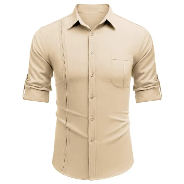 Men's Shirt Guayabera Shirt Linen Shirt Button Up Shirt Summer Shirt Beach Shirt Black White Navy Blue Long Sleeve Plain Turndown Spring & Summer Casual Daily Clothing Apparel Patchwork