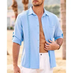 Men's Shirt Guayabera Shirt Linen Shirt Button Up Shirt Summer Shirt Beach Shirt Black White Navy Blue Long Sleeve Plain Turndown Spring & Summer Casual Daily Clothing Apparel Patchwork