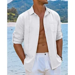 Men's Shirt Guayabera Shirt Linen Shirt Button Up Shirt Summer Shirt Beach Shirt Black White Navy Blue Long Sleeve Plain Turndown Spring & Summer Casual Daily Clothing Apparel Patchwork