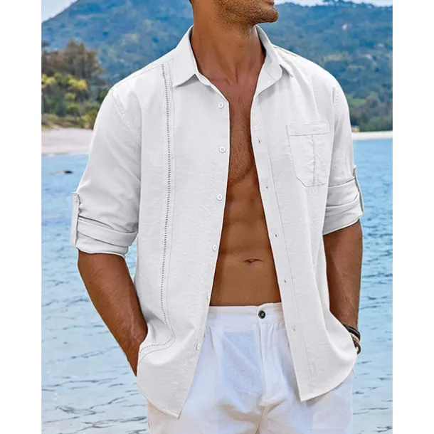 Men's Shirt Guayabera Shirt Linen Shirt Button Up Shirt Summer Shirt Beach Shirt Black White Navy Blue Long Sleeve Plain Turndown Spring & Summer Casual Daily Clothing Apparel Patchwork