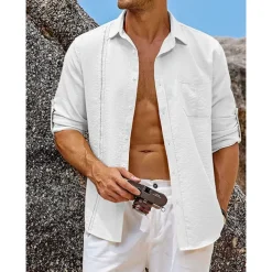 Men's Shirt Guayabera Shirt Linen Shirt Button Up Shirt Summer Shirt Beach Shirt Black White Navy Blue Long Sleeve Plain Turndown Spring & Summer Casual Daily Clothing Apparel Patchwork