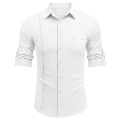 Men's Shirt Guayabera Shirt Linen Shirt Button Up Shirt Summer Shirt Beach Shirt Black White Navy Blue Long Sleeve Plain Turndown Spring & Summer Casual Daily Clothing Apparel Patchwork