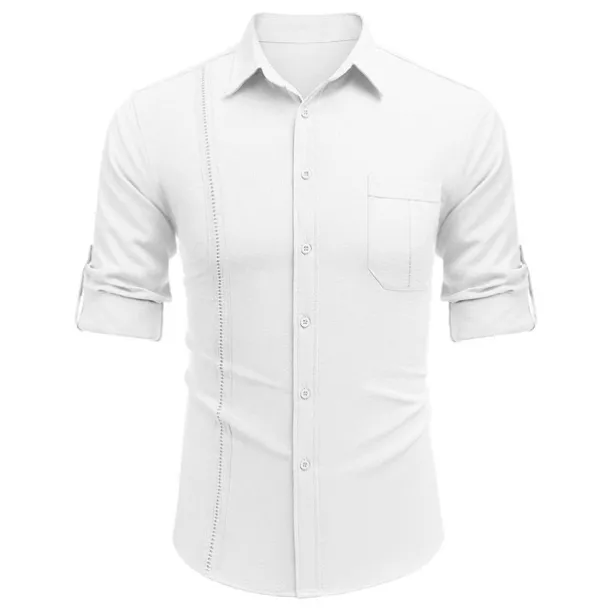 Men's Shirt Guayabera Shirt Linen Shirt Button Up Shirt Summer Shirt Beach Shirt Black White Navy Blue Long Sleeve Plain Turndown Spring & Summer Casual Daily Clothing Apparel Patchwork