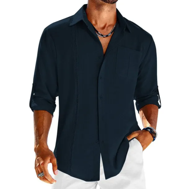 Men's Shirt Guayabera Shirt Linen Shirt Button Up Shirt Summer Shirt Beach Shirt Black White Navy Blue Long Sleeve Plain Turndown Spring & Summer Casual Daily Clothing Apparel Patchwork