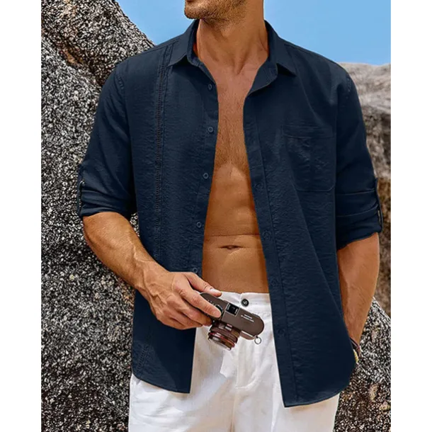 Men's Shirt Guayabera Shirt Linen Shirt Button Up Shirt Summer Shirt Beach Shirt Black White Navy Blue Long Sleeve Plain Turndown Spring & Summer Casual Daily Clothing Apparel Patchwork