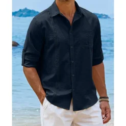 Men's Shirt Guayabera Shirt Linen Shirt Button Up Shirt Summer Shirt Beach Shirt Black White Navy Blue Long Sleeve Plain Turndown Spring & Summer Casual Daily Clothing Apparel Patchwork