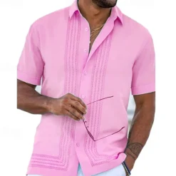 Men's Shirt Guayabera Shirt Summer Shirt Button Up Shirt White Pink Blue Short Sleeve Tribal Turndown Outdoor Street Button-Down Clothing Apparel Fashion Chinese Style Casual Breathable