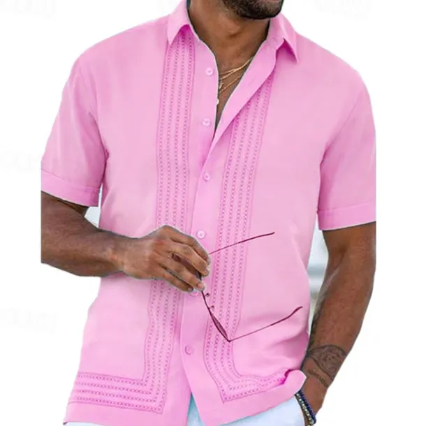 Men's Shirt Guayabera Shirt Summer Shirt Button Up Shirt White Pink Blue Short Sleeve Tribal Turndown Outdoor Street Button-Down Clothing Apparel Fashion Chinese Style Casual Breathable