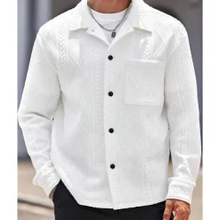 Men's Shirt Jacket Overshirt Jacket Plain Vacation Daily Wear White Long Sleeve Lapel Fall & Winter Clothing Apparel Jacquard