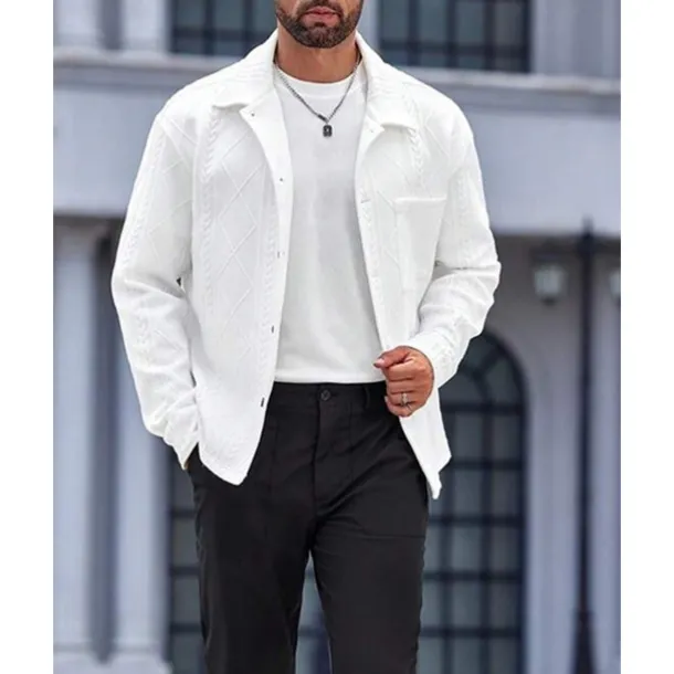 Men's Shirt Jacket Overshirt Jacket Plain Vacation Daily Wear White Long Sleeve Lapel Fall & Winter Clothing Apparel Jacquard