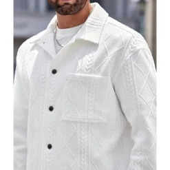 Men's Shirt Jacket Overshirt Jacket Plain Vacation Daily Wear White Long Sleeve Lapel Fall & Winter Clothing Apparel Jacquard