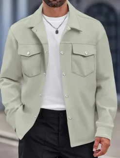 Men's Shirt Jacket Overshirts Transition Jacket Daily Lightweight Pocket Spring Plain Classic Lapel Regular Black Yellow Navy Blue Green Jacket