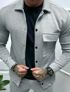 Men's Shirt Jacket Transition Jacket Daily Lightweight Jacquard Summer Spring Plain Classic Lapel Black White Khaki Light Grey Dark Gray Jacket