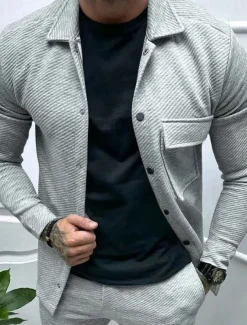 Men's Shirt Jacket Transition Jacket Daily Lightweight Jacquard Summer Spring Plain Classic Lapel Black White Khaki Light Grey Dark Gray Jacket