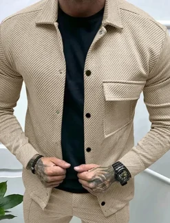 Men's Shirt Jacket Transition Jacket Daily Lightweight Jacquard Summer Spring Plain Classic Lapel Black White Khaki Light Grey Dark Gray Jacket