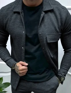 Men's Shirt Jacket Transition Jacket Daily Lightweight Jacquard Summer Spring Plain Classic Lapel Black White Khaki Light Grey Dark Gray Jacket
