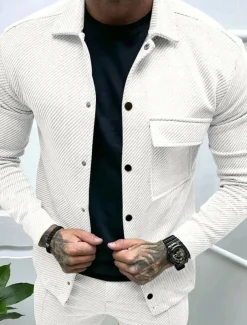 Men's Shirt Jacket Transition Jacket Daily Lightweight Jacquard Summer Spring Plain Classic Lapel Black White Khaki Light Grey Dark Gray Jacket