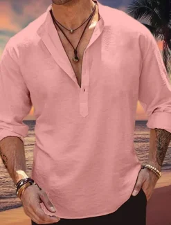 Men's Shirt Linen Shirt Band Collar Shirt Popover Shirt Summer Shirt Beach Wear Plain Vacation Curise Pink Blue Army Green Long Sleeve Henley Spring & Summer Clothing Apparel