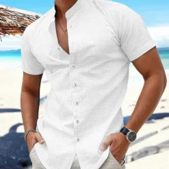 Men's Shirt Linen Shirt Band Collar Shirt Summer Shirt Beach Wear Button Up Shirt Plain Vacation Curise Black White Blue Orange Short Sleeve Band Collar Summer Clothing Apparel