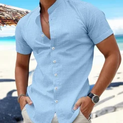 Men's Shirt Linen Shirt Band Collar Shirt Summer Shirt Beach Wear Button Up Shirt Plain Vacation Curise Black White Blue Orange Short Sleeve Band Collar Summer Clothing Apparel