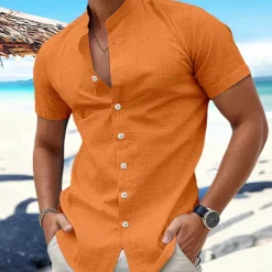 Men's Shirt Linen Shirt Band Collar Shirt Summer Shirt Beach Wear Button Up Shirt Plain Vacation Curise Black White Blue Orange Short Sleeve Band Collar Summer Clothing Apparel