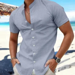 Men's Shirt Linen Shirt Band Collar Shirt Summer Shirt Beach Wear Button Up Shirt Plain Vacation Curise Black White Blue Orange Short Sleeve Band Collar Summer Clothing Apparel