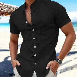 Men's Shirt Linen Shirt Band Collar Shirt Summer Shirt Beach Wear Button Up Shirt Plain Vacation Curise Black White Blue Orange Short Sleeve Band Collar Summer Clothing Apparel