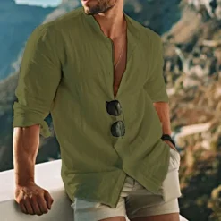 Men's Shirt Linen Shirt Band Collar Shirt Summer Shirt Beach Wear Button Up Shirt Solid Color Outdoor Vacation Black White Yellow Light Green Long Sleeve Collar Spring Fall Clothing Apparel
