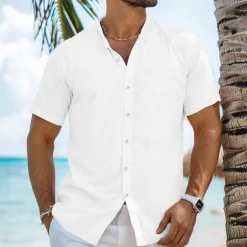 Men's Shirt Linen Shirt Band Collar Shirt Summer Shirt Beach Wear Button Up Shirt Plain Vacation Curise Black White Blue Orange Short Sleeve Band Collar Summer Clothing Apparel