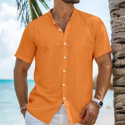 Men's Shirt Linen Shirt Band Collar Shirt Summer Shirt Beach Wear Button Up Shirt Plain Vacation Curise Black White Blue Orange Short Sleeve Band Collar Summer Clothing Apparel