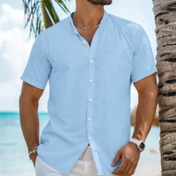 Men's Shirt Linen Shirt Band Collar Shirt Summer Shirt Beach Wear Button Up Shirt Plain Vacation Curise Black White Blue Orange Short Sleeve Band Collar Summer Clothing Apparel