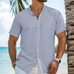 Men's Shirt Linen Shirt Band Collar Shirt Summer Shirt Beach Wear Button Up Shirt Plain Vacation Curise Black White Blue Orange Short Sleeve Band Collar Summer Clothing Apparel