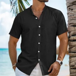 Men's Shirt Linen Shirt Band Collar Shirt Summer Shirt Beach Wear Button Up Shirt Plain Vacation Curise Black White Blue Orange Short Sleeve Band Collar Summer Clothing Apparel