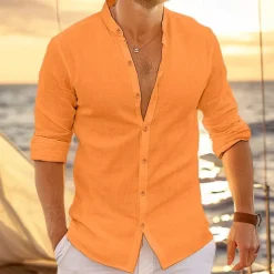 Men's Shirt Linen Shirt Band Collar Shirt Summer Shirt Beach Wear Button Up Shirt Plain Vacation Curise Black White Pink Blue Long Sleeve Band Collar Spring & Summer Clothing Apparel