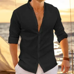 Men's Shirt Linen Shirt Band Collar Shirt Summer Shirt Beach Wear Button Up Shirt Plain Vacation Curise Black White Pink Blue Long Sleeve Band Collar Spring & Summer Clothing Apparel