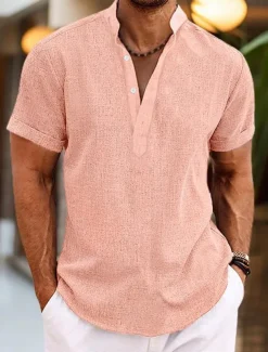 Men's Shirt Linen Shirt Band Collar Shirt Popover Shirt Summer Shirt Beach Wear Plain Vacation Casual Black White Yellow Pink Short Sleeve Henley Summer Clothing Apparel