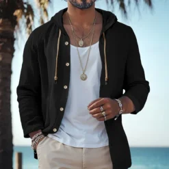 Men's Shirt Linen Shirt Beach Wear Button Up Shirt Hooded Shirt Plain Vacation Curise Black White Green Khaki Long Sleeve Hooded Spring & Summer Clothing Apparel Buttons