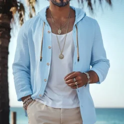 Men's Shirt Linen Shirt Beach Wear Button Up Shirt Hooded Shirt Plain Vacation Curise Black White Green Khaki Long Sleeve Hooded Spring & Summer Clothing Apparel Buttons