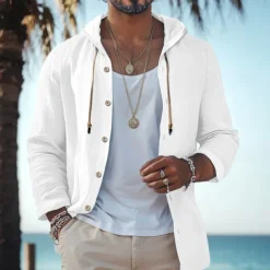 Men's Shirt Linen Shirt Beach Wear Button Up Shirt Hooded Shirt Plain Vacation Curise Black White Green Khaki Long Sleeve Hooded Spring & Summer Clothing Apparel Buttons