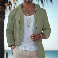 Men's Shirt Linen Shirt Beach Wear Button Up Shirt Hooded Shirt Plain Vacation Curise Black White Green Khaki Long Sleeve Hooded Spring & Summer Clothing Apparel Buttons